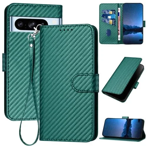 Funda de Cuero para Google Pixel 8 Pro Yx0070 con Hebilla de Fibra de Carbono y Cordón (Verde Oscuro)