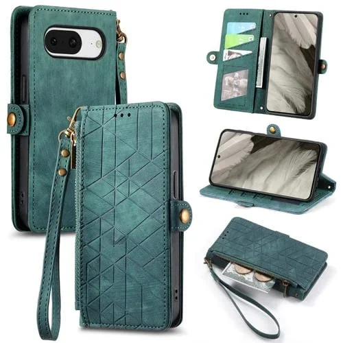 Funda de Cuero para Google Pixel 8A con Hebilla Lateral y Billetera con Cremallera (Verde)