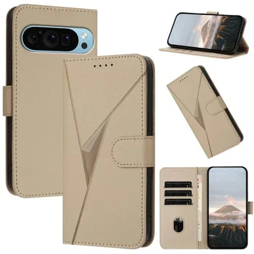 Funda de Cuero para Google Pixel 9 Pro XL con Cierre de Hebilla y Diseño Triangular (Dorada)