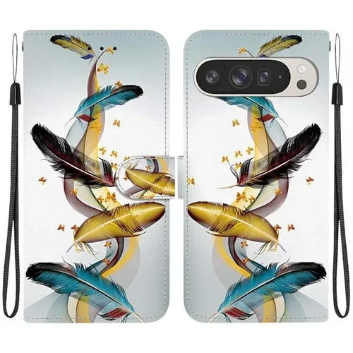 Funda de Cuero para Google Pixel 9 Pro XL con Dibujo de Colores y Textura de Cristal (Plumas de Mariposa Doradas)