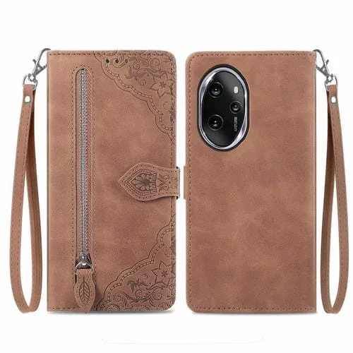 Funda de Cuero para Honor 100 Pro con Cremallera y Flores en Relieve (Marrón)