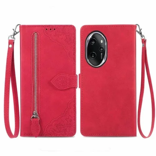 Funda de Cuero para Honor 100 Pro con Cremallera y Flores en Relieve (Rojo)