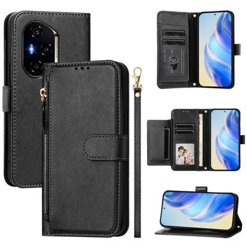 Funda de Cuero para Honor 400 con Cremallera y Ranuras para Tarjetas (Negra)