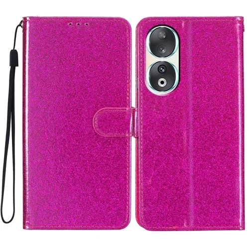 Funda de Cuero para Honor 90 con Tapa en Polvo y Purpurina (Rojo Rosa)