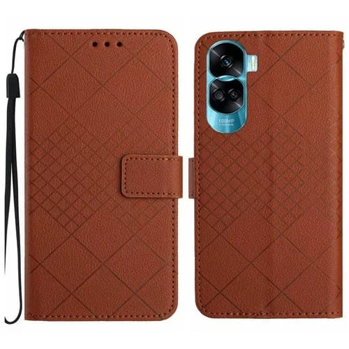 Funda de Cuero para Honor 90 Lite con Textura de Rejilla Rómbica (Marrón)