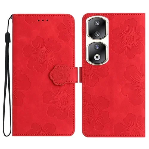 Funda de Cuero para Honor 90 Pro con Estampado de Flores (Rojo)