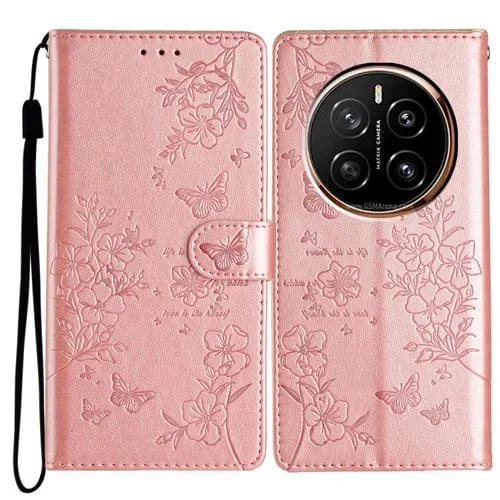 Funda de Cuero para Honor Magic7 con Mariposas y Flores (Oro Rosa)
