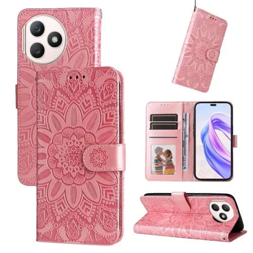 Funda de Cuero para Honor X50I con Girasol en Relieve (Oro Rosa)