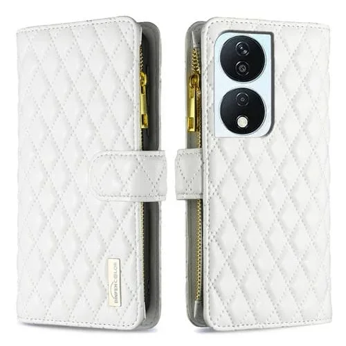 Funda de Cuero para Honor X7B con Tapa y Cierre Zipper Diamond Lattice (Blanco)