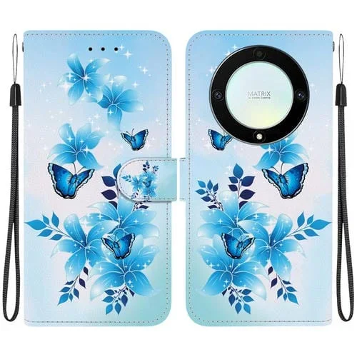 Funda de Cuero para Honor X9A con Dibujo de Mariposas Azules y Textura de Cristal