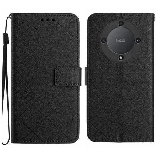 Funda de Cuero para Honor X9A y Magic5 Lite 5G con Textura de Rejilla Rómbica (Negro)
