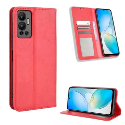Funda de Cuero para Infinix Hot 12 con Hebilla Magnética y Textura Retro (Rojo)