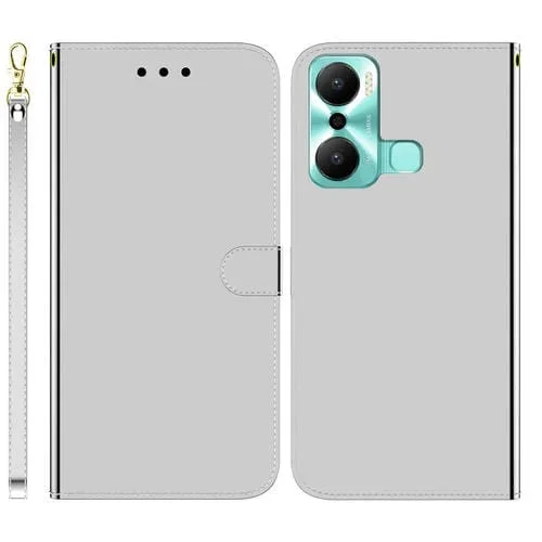 Funda de Cuero para Infinix Hot 20 Play con Tapa Espejo Imitado (Plata)