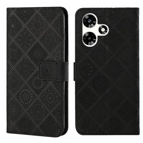 Funda de Cuero para Infinix Hot 30 Play NFC con Patrón Étnico en Relieve (Negro)