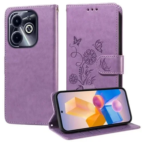 Funda de Cuero para Infinix Hot 40I con Diseño de Mariposas y Flores en Relieve (Morado)
