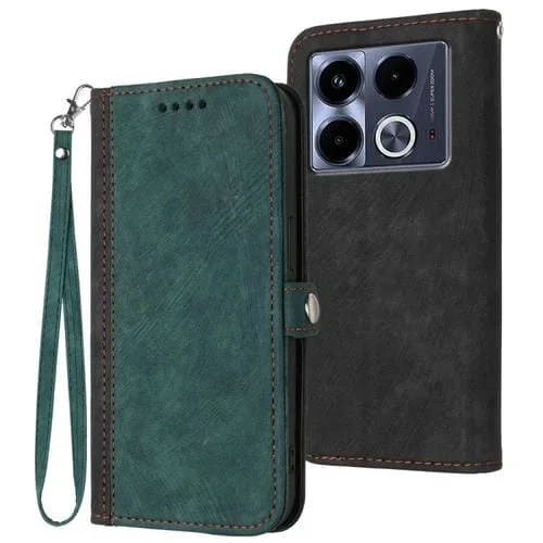 Funda de Cuero para Infinix Note 40 4G con Correa de Mano, Doble Pliegue y Hebilla Lateral (Verde Oscuro)