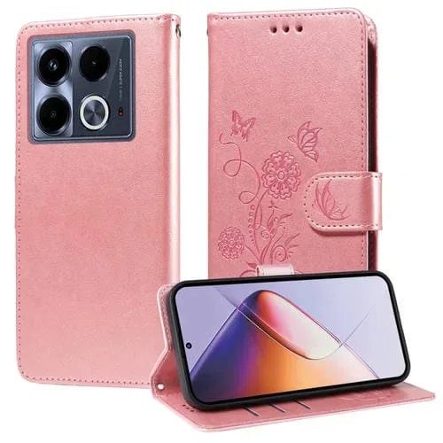 Funda de Cuero para Infinix Note 40 4G con Diseño de Mariposas y Flores en Relieve (Oro Rosa)