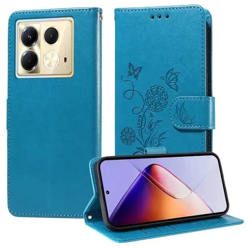 Funda de Cuero para Infinix Note 40 5G con Diseño de Mariposas y Flores en Relieve (Azul)