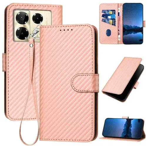Funda de Cuero para Infinix Note 40 Pro 4G / 5G Yx0070 con Hebilla de Fibra de Carbono y Cordón (Rosa)