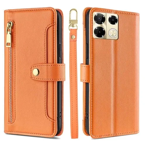 Funda de Cuero para Infinix Note 40 Pro 5G con Billetera, Cremallera y Textura de Oveja (Naranja)