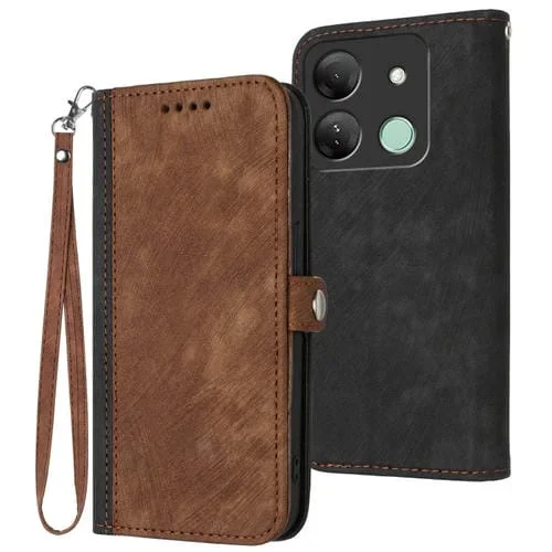 Funda de Cuero para Infinix Smart 7 HD con Correa de Mano Doble Pliegue y Hebilla (Marrón)