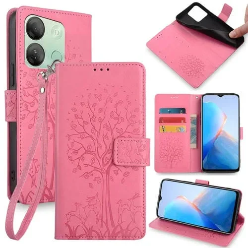 Funda de Cuero para Infinix Smart 7 HD con Relieve de Árbol y Ciervo (Rosa)