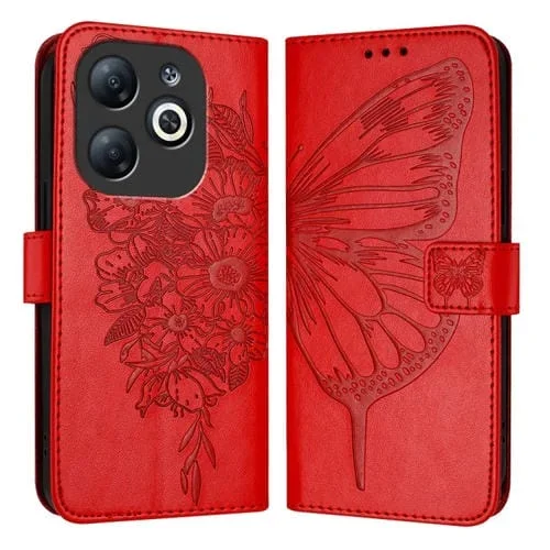 Funda de Cuero para Infinix Smart 8 con Mariposa en Relieve (Rojo)