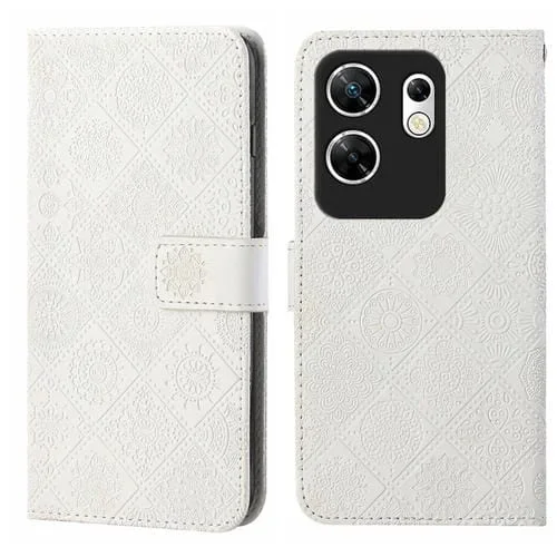 Funda de Cuero para Infinix Zero 30 4G con Patrón en Relieve Estilo Étnico (Blanca)