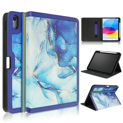 Funda de Cuero para iPad 2025/2022 con Costuras en Patrón de Mármol (Azul)