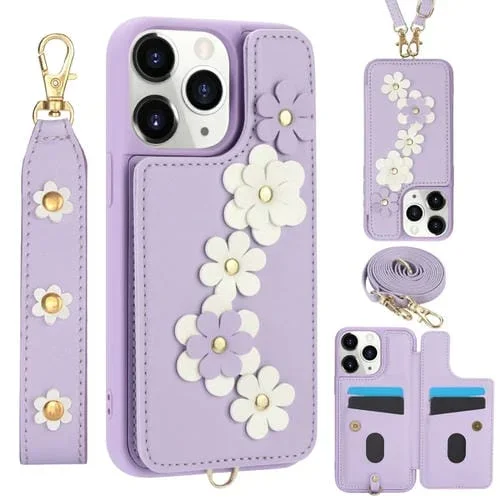 Funda de Cuero para iPhone 11 Pro con Estampado de Flores Cruzadas (Púrpura)