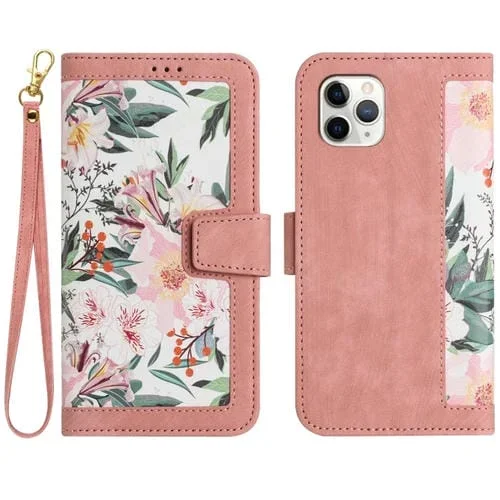 Funda de Cuero para iPhone 11 Pro Max Estampado Floral con Cordón (Rosa)