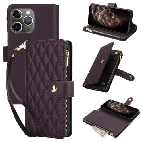 Funda de Cuero para iPhone 11 Pro Max Ym016 con Billetera, Tarjeta, Cremallera Rómbica y Cordón (Púrpura Oscuro)