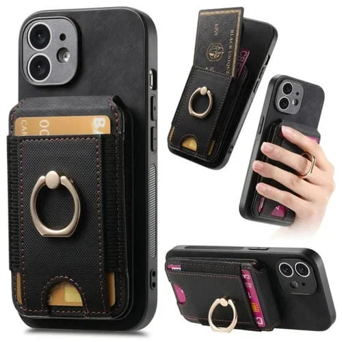 Funda de Cuero para iPhone 12 con Soporte Magnético Divisible Retro y Bolsa para Tarjetas (Negro)
