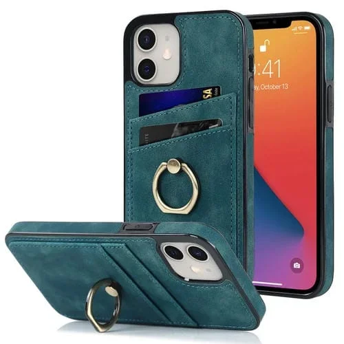 Funda de Cuero para iPhone 12 Mini con Parche Vintage y Soporte para Anillo (Azul)