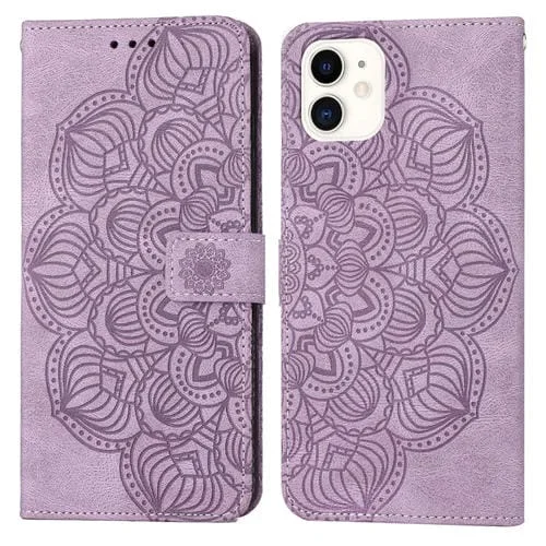 Funda de Cuero para iPhone 12 Mini Mandala con Tapa En Relieve (Púrpura)