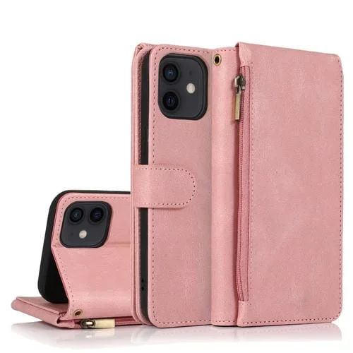 Funda de cuero para iPhone 12 Mini Skin-Feel Crazy Horse con tapa horizontal, soporte, ranuras para tarjetas y cordón (Oro Rosa)