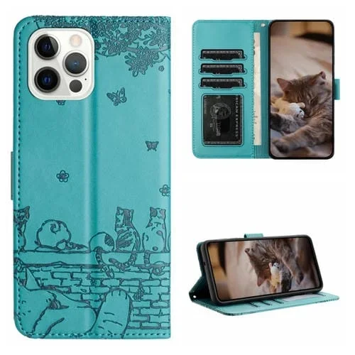 Funda de Cuero para iPhone 12 Pro Max Cat Relieve Patrón con Cordón (Azul)