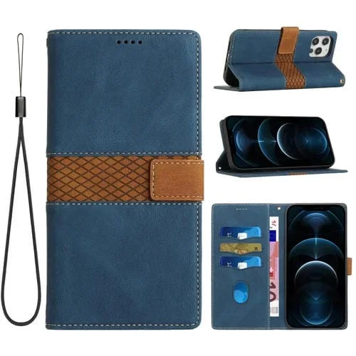 Funda de Cuero para iPhone 12 Pro Max con Costuras de Cuadrícula y Cordón (Azul)