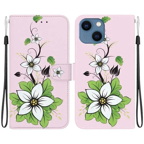 Funda de Cuero para iPhone 13 con Dibujo Coloreado y Textura de Cristal (Lirio)