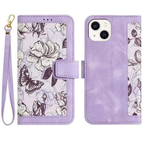 Funda de Cuero para iPhone 13 con Estampado Floral y Cordón (Morado Claro)