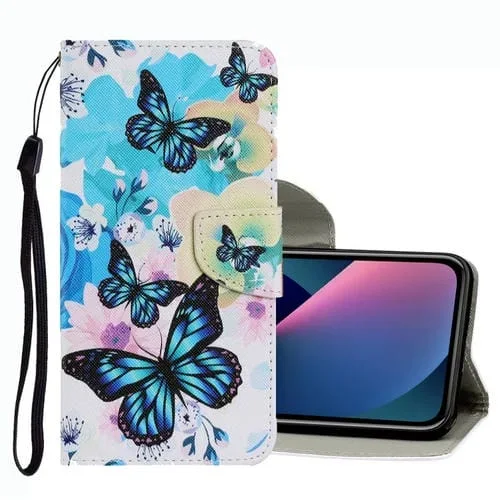 Funda de Cuero para iPhone 13 Mini con Patrón de Dibujo a Color (Mariposa Púrpura)