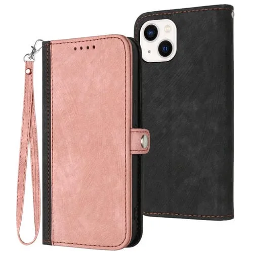 Funda de Cuero para iPhone 13 Mini Hebilla Lateral Doble Pliegue Correa de Mano (Rosa)