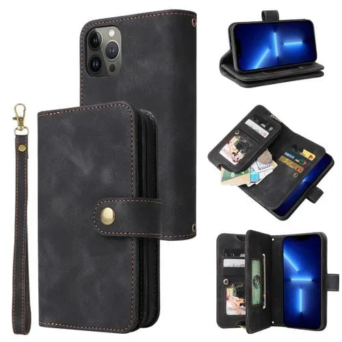 Funda de Cuero para iPhone 13 Mini Ranura para Tarjeta Multifuncional Cremallera Flip (Negro)