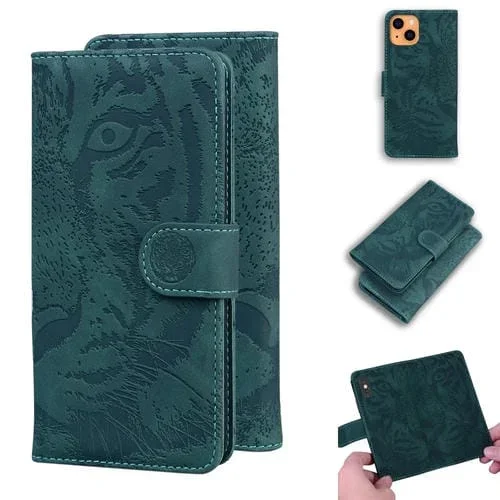 Funda de Cuero para iPhone 13 Mini Tiger Embossing con Tapa Horizontal, Soporte y Ranuras para Tarjetas (Verde)