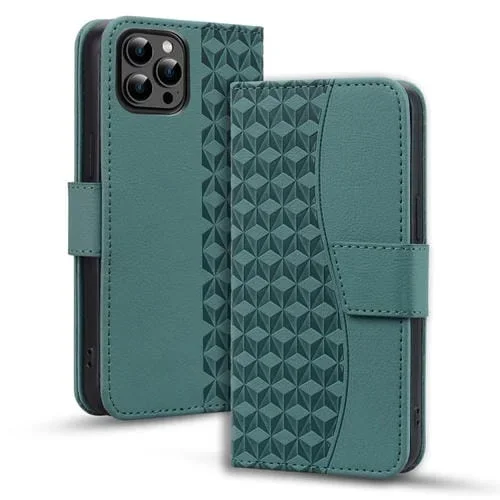Funda de Cuero para iPhone 13 Pro Max Business Diamond Buckle con Cordón (Verde)