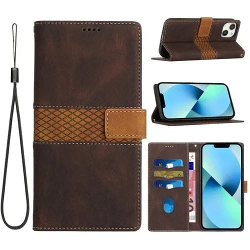 Funda de Cuero para iPhone 14 con Costuras de Cuadrícula y Cordón (Marrón)