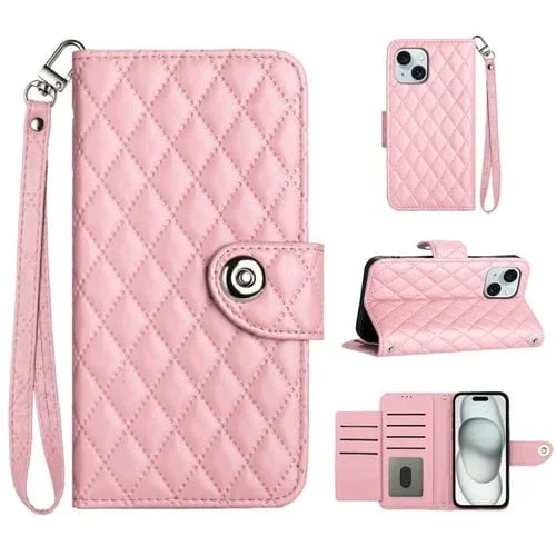 Funda de Cuero para iPhone 14 Plus con Tapa Textura Rómbica y Cordón (Rosa)