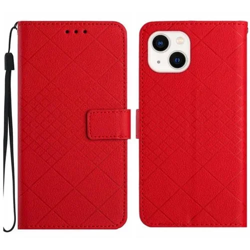 Funda de Cuero para iPhone 14 Plus con Textura de Rejilla Rómbica (Rojo)