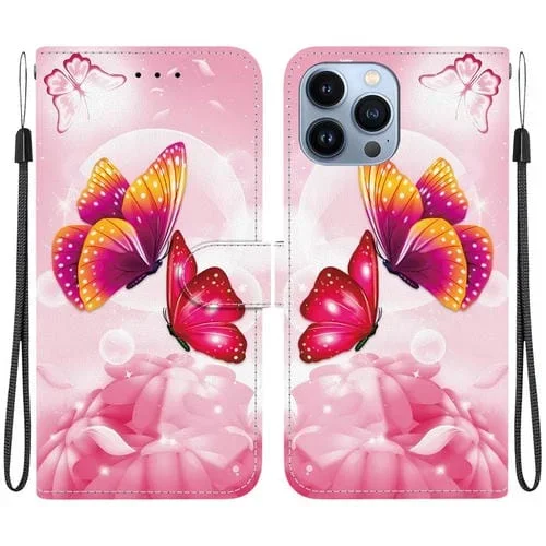 Funda de Cuero para iPhone 14 Pro Max con Dibujo de Colores y Textura de Cristal (Mariposas Rosas)