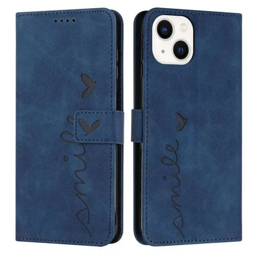 Funda de Cuero para iPhone 14 Skin Feel Heart Pattern (Azul)